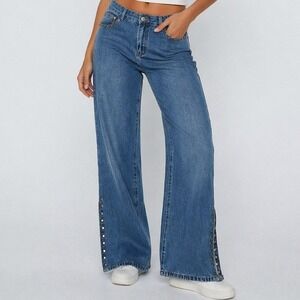 Jackie Blue Womens Blue Wide Leg 12 Grommet Side Slit Denim Jeans 2000 Excellent